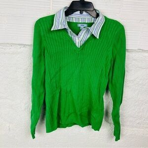 Izod Green cotton Knit Sweater with striped collar underneath size large
